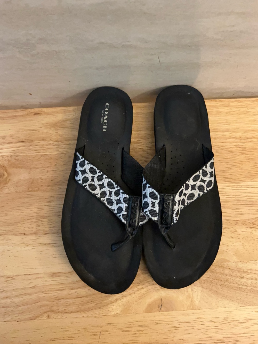 COACH Jessalyn Black Flip Flop Wedge Sandals with Signature Logo Jacquard Strap